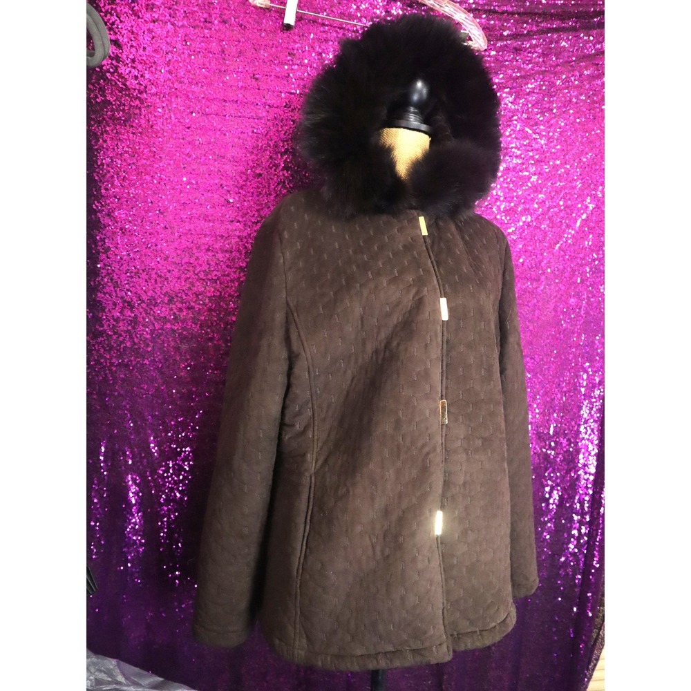 Chocolate Brown Quilted Hooded Coat XL Liz Claiborne Fox Fur Trim Winter Heavy